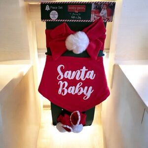 New Baby Gear 3 piece Christmas set  Headband Bib Socks 0 - 12 mos “Santa Baby”